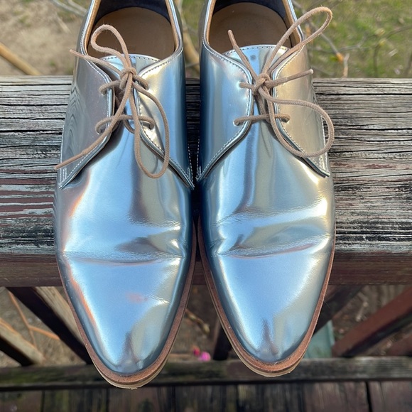 EVERLANE Italy Leather E2 Shine Modern Oxford Silver Lace up Women's Shoes Size - Picture 6 of 16